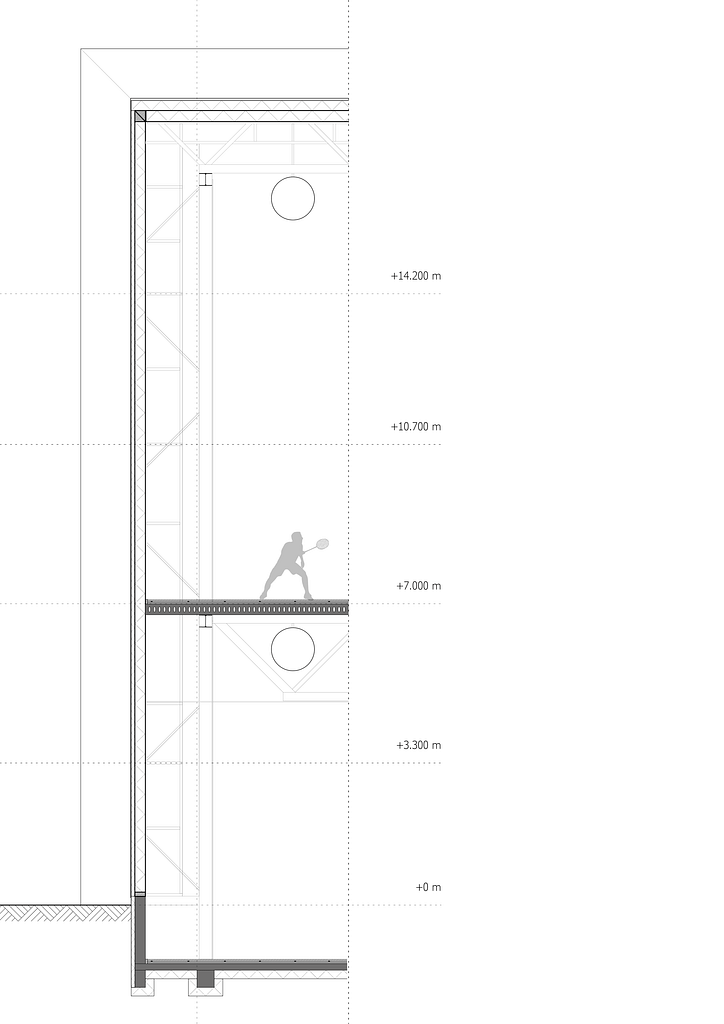 Facade fragment of two sport halls one above the other, with the ribs cut lengthwise.